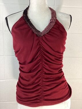 Women’s Burgundy Ruched Stretch Sequin Trim Halter Top Made In USA Large NWT